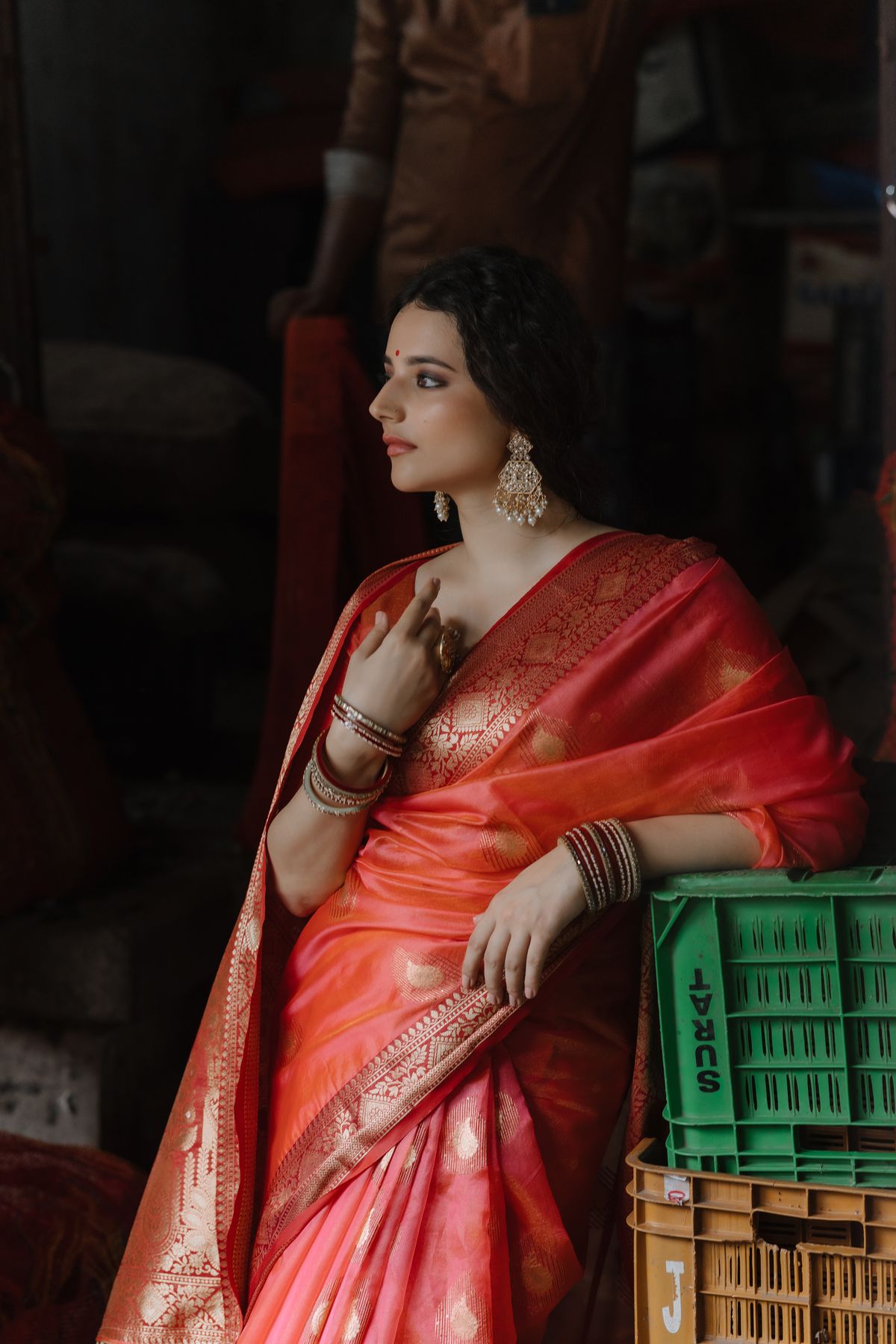 Coral Red Banarasi Silk with Gold Buttas