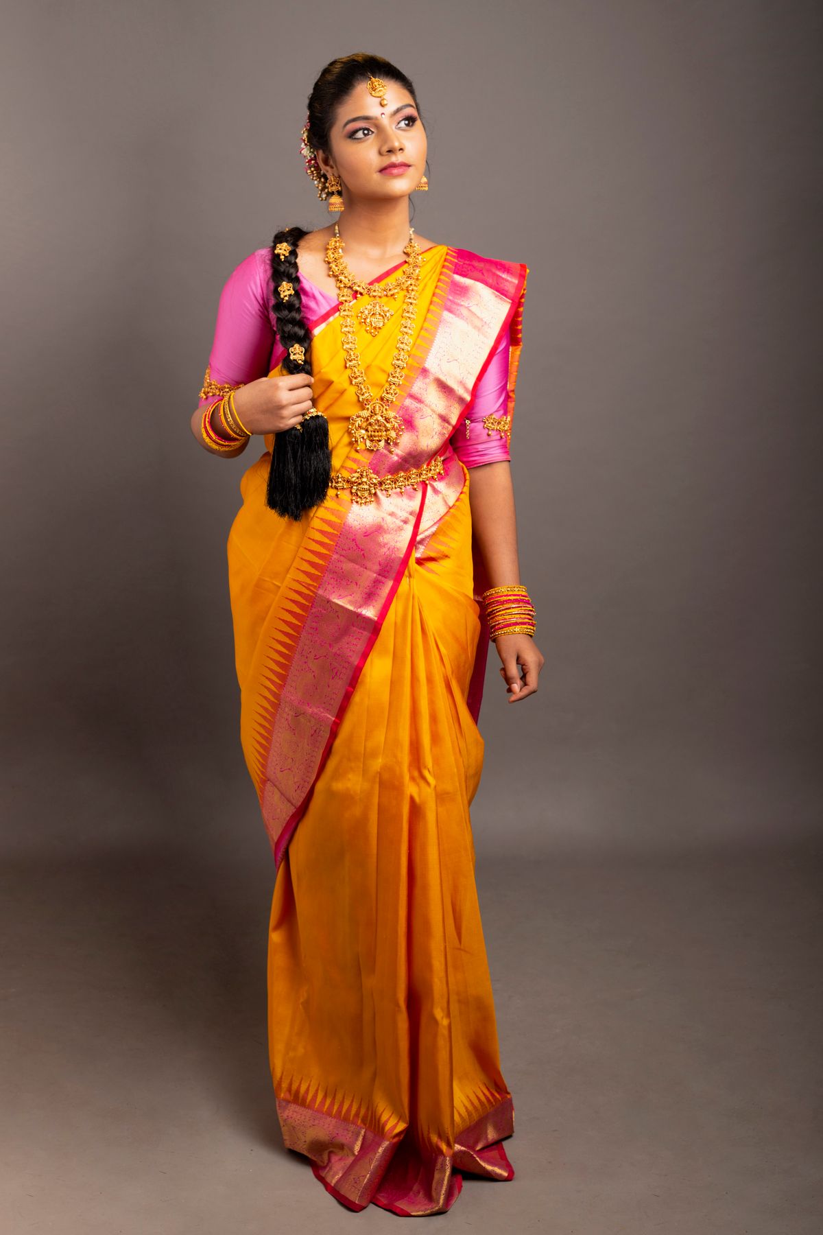 Mustard Kanjivaram Silk with Rani Pink Border