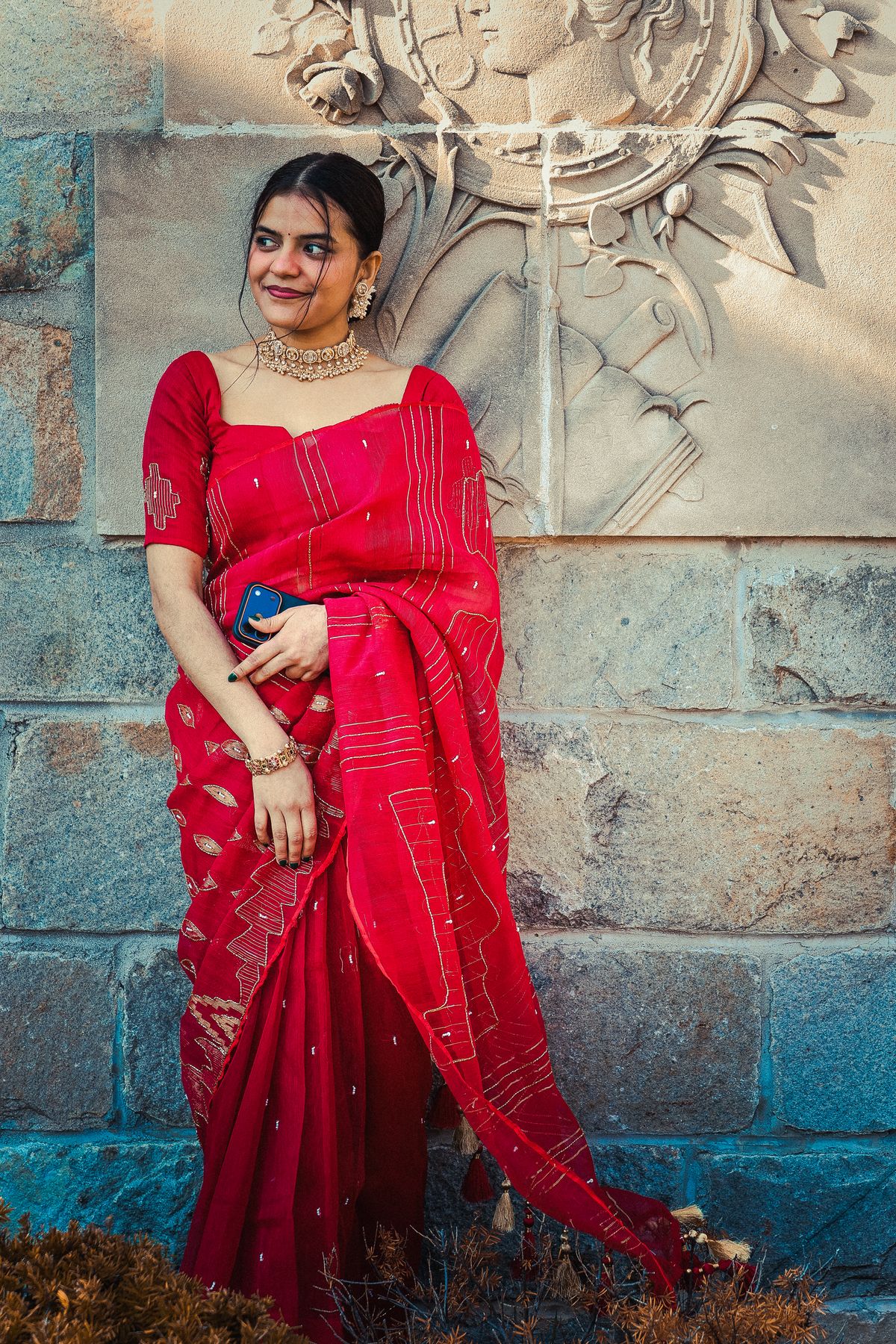 Red Banarasi Georgette with Gold Buttas