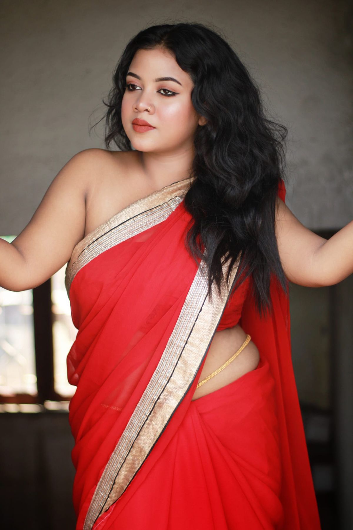 Red Georgette Saree with Silver Border