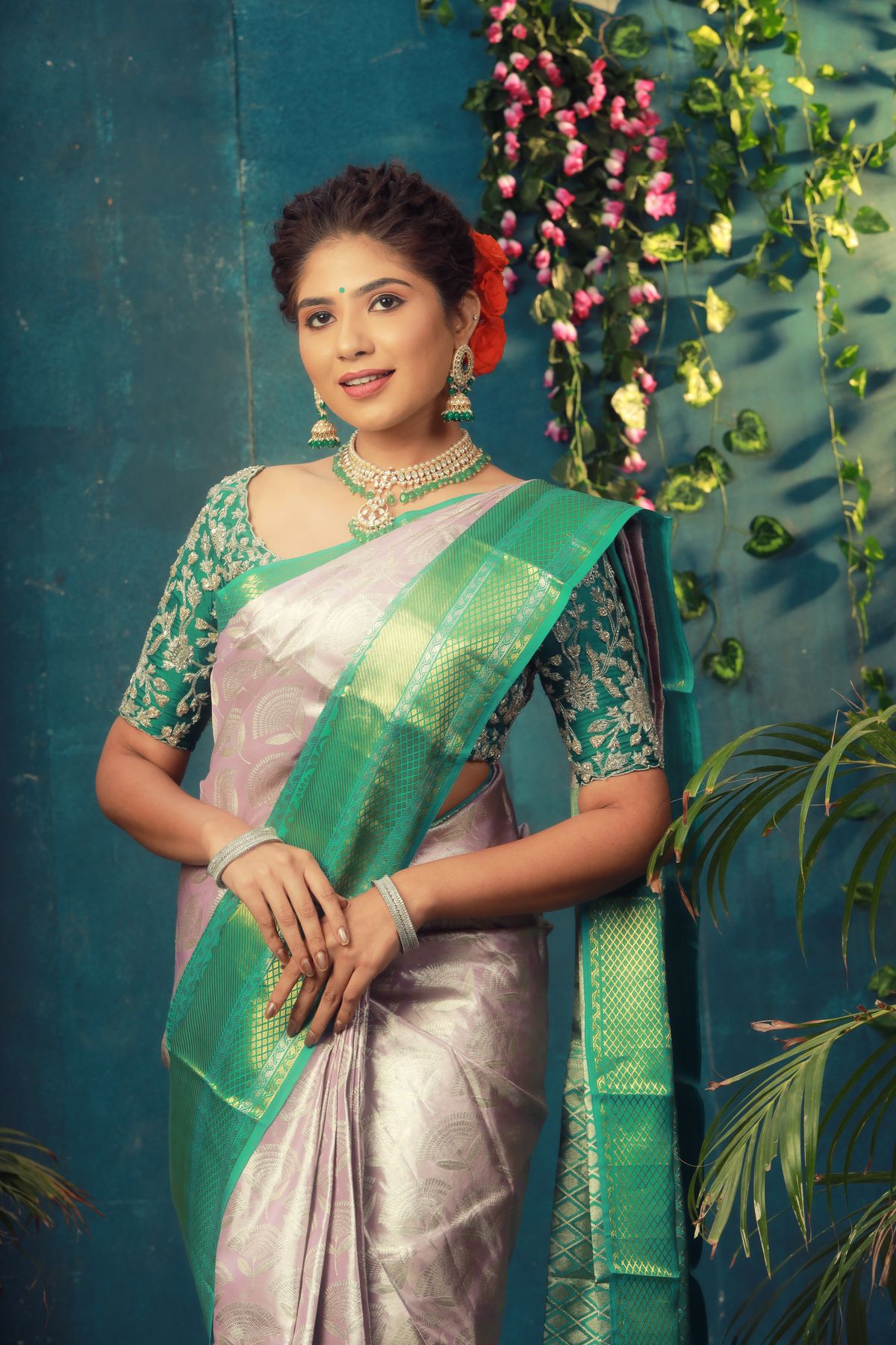 Teal Green Kanjivaram with Silver Zari